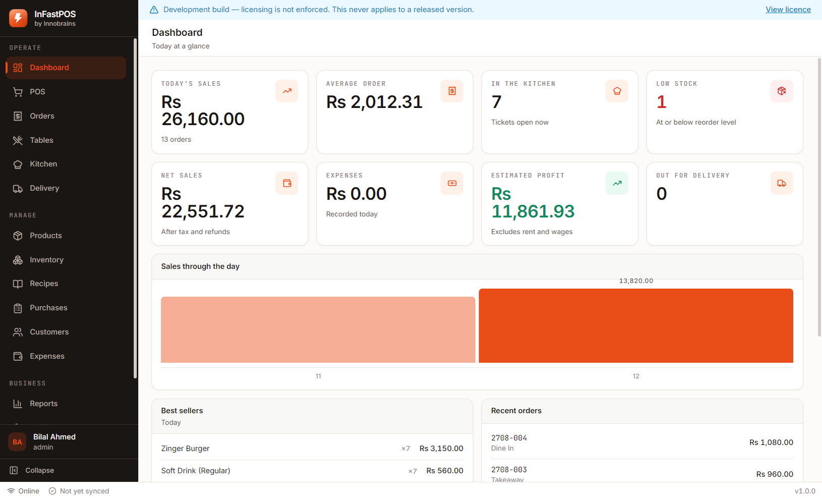 InFastPOS dashboard screen. The shift at a glance: takings so far, average order, what is still cooking and what is running low.