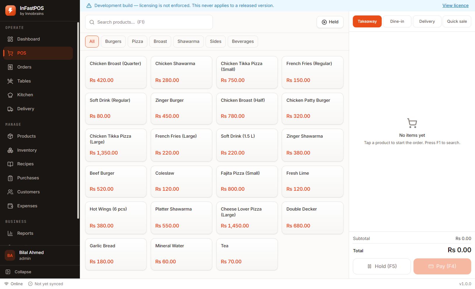 The InFastPOS point of sale screen showing a burger and pizza menu with prices in rupees and an open order.